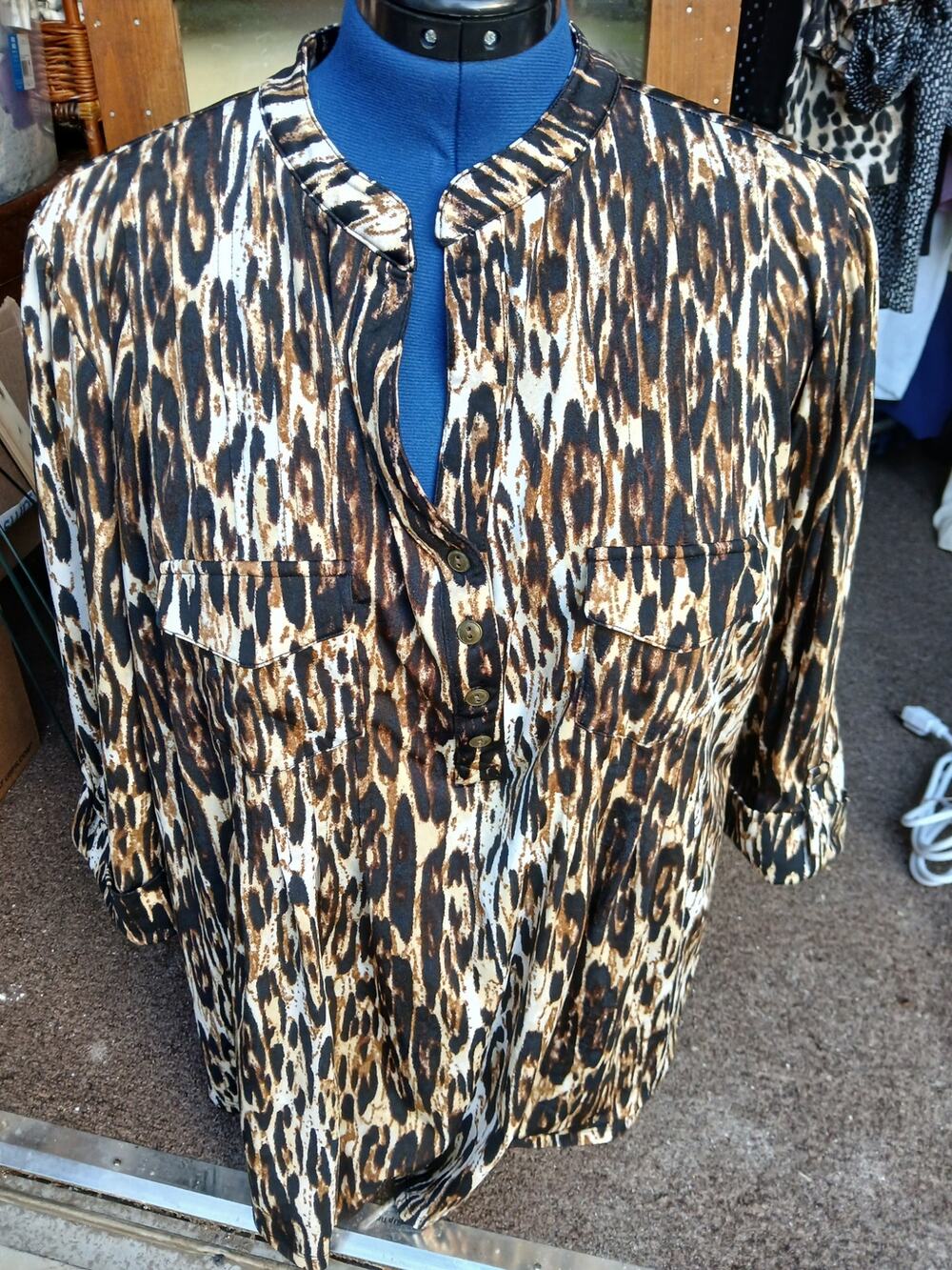 New Directions Animal Print 3/4 Sleeve Top 3X Popover Pop Over Shirt Black Brown